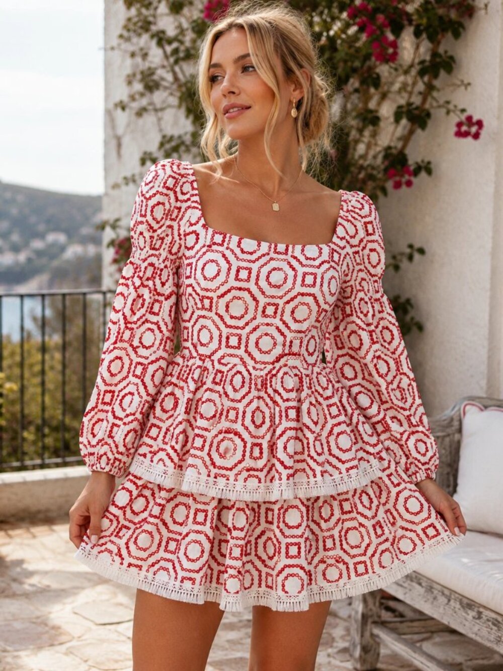 ALEXIS XS White Red Embroidered Mini Dress Puff Sleeve Square Neck Cotton